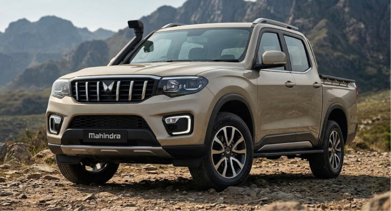 Front three-quarter view of the beige Mahindra Scorpio Lifestyler pickup truck on a rocky terrain with mountains in the background.