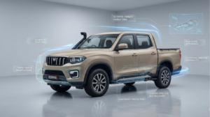 Mahindra Scorpio Lifestyler truck displayed in a sleek studio setup with digital blueprint overlays illustrating its SUV-derived platform design