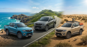 Lineup of three Mahindra Scorpio Lifestyler pickup trucks parked on a rocky plateau highlighting the blue, grey, and beige paint options.
