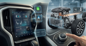 Close-up display of the dashboard touchscreen connected to a 3D cutaway graphic of the engine and 4WD selector dial
