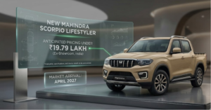 X-ray technical diagram of the Mahindra Scorpio Lifestyler showing the 2.2-liter diesel engine and 4WD drivetrain layout.